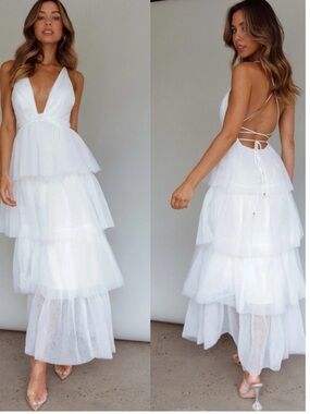 Angel Biba Plunge Formal Bridal Cocktail White Tulle Maxi Dress Women’s SZ Small